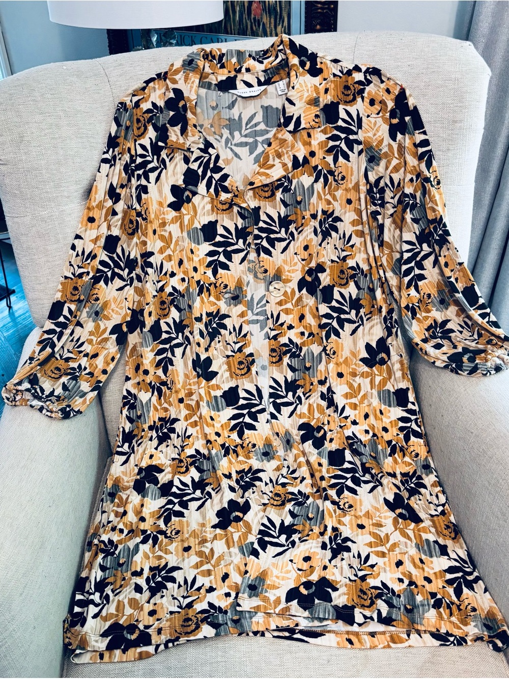 Susan Graver Caramel and Smoke Liquid Knit Duster with Blouson Sleeve (M) NWT